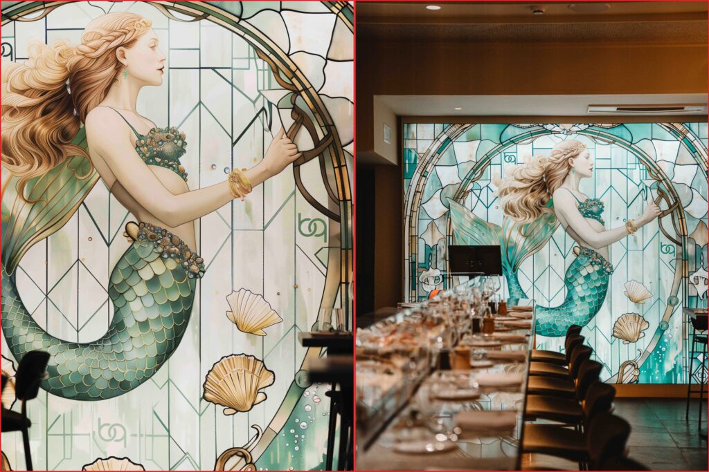 Verlichte spanwand met gepersonaliseerde zeemeerminprint als blikvanger in een luxueus restaurantinterieur.
